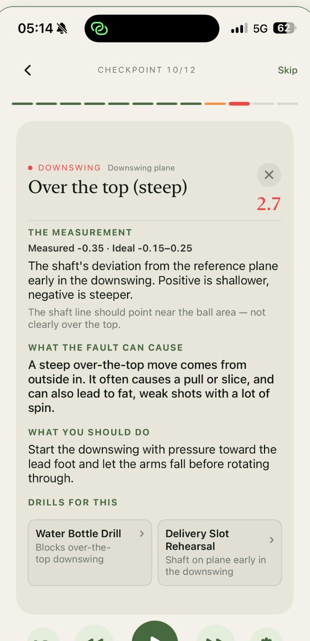 FormCaddie explaining an over-the-top downswing fault and the drills that fix it.
