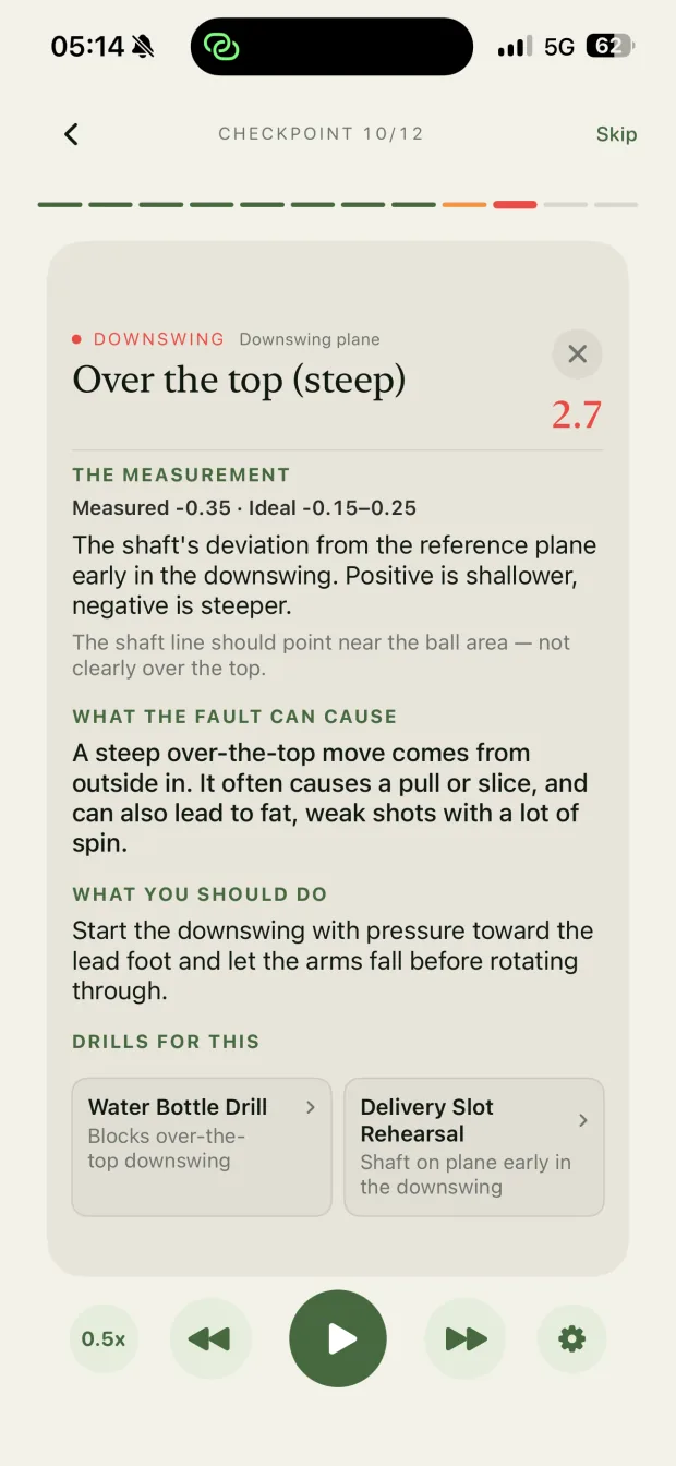 FormCaddie explaining an over-the-top downswing fault and the drills that fix it.
