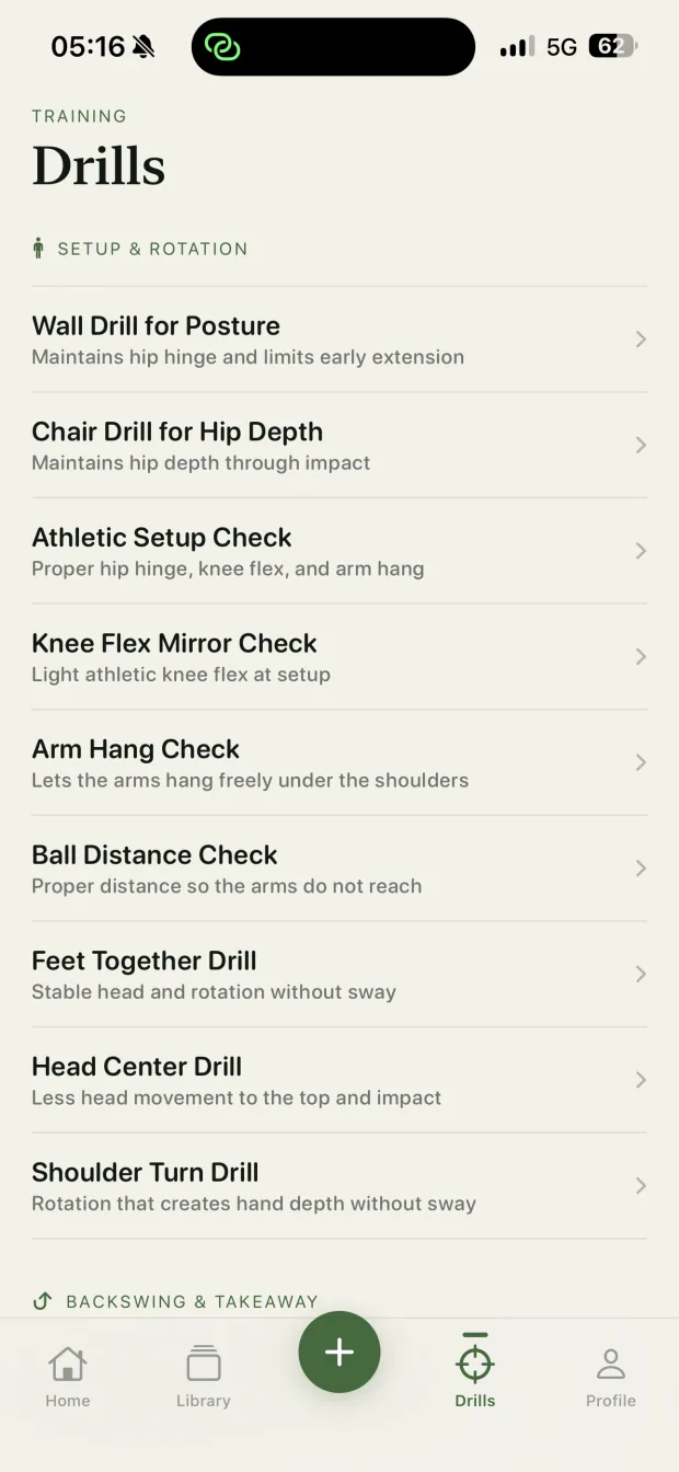FormCaddie's drill library, grouped by the part of the swing each drill improves.