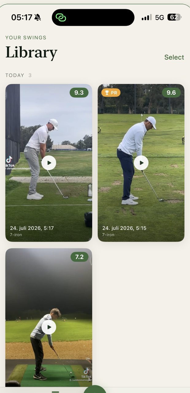 FormCaddie's swing library with scored swings and a personal record.