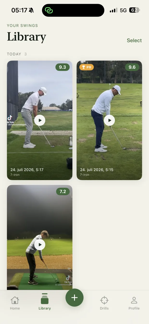 FormCaddie's swing library with scored swings and a personal record.